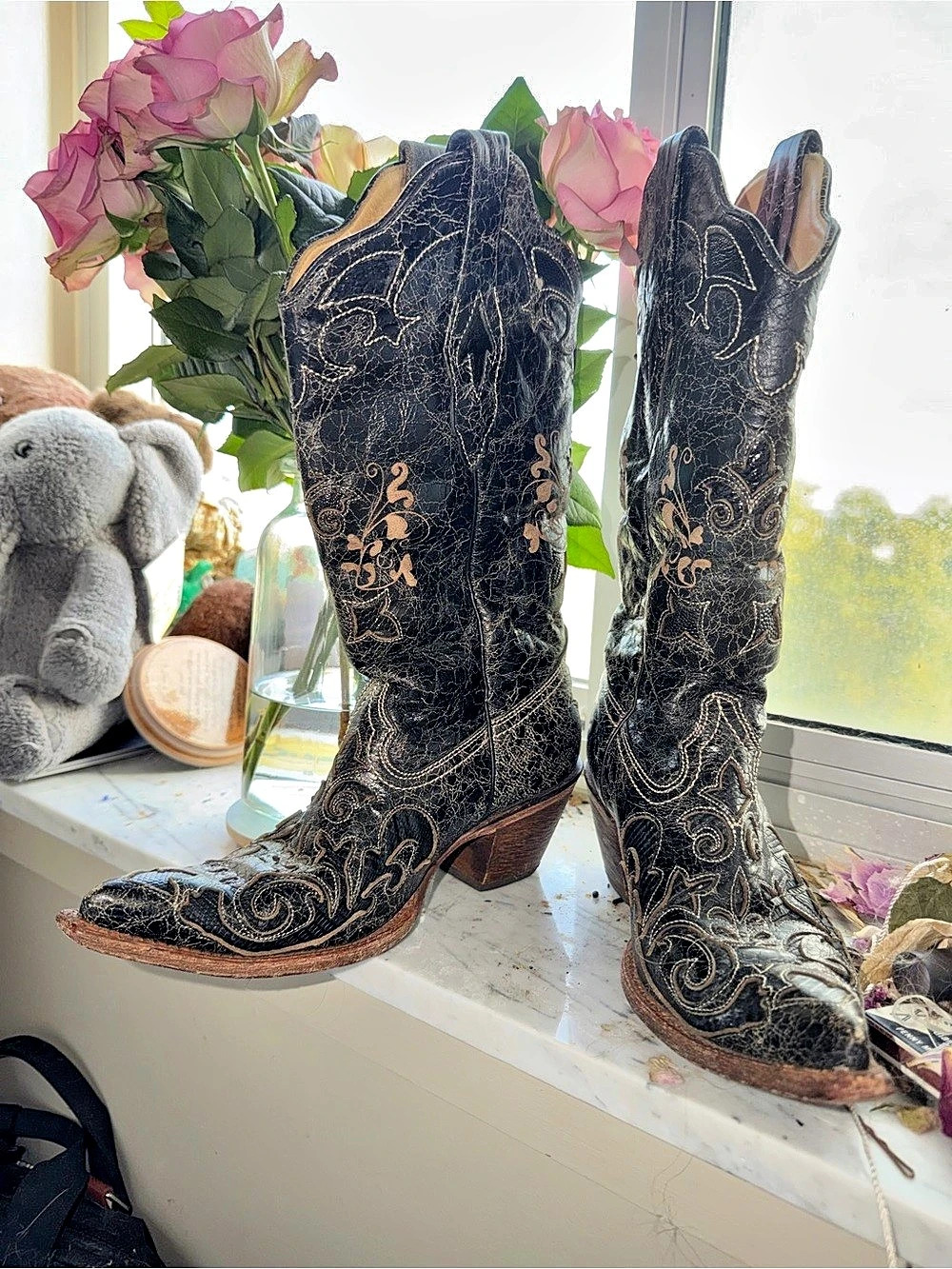 Vintage Corral Circle G by Corral Black Crackle Bone Embroidery Boots Embroider